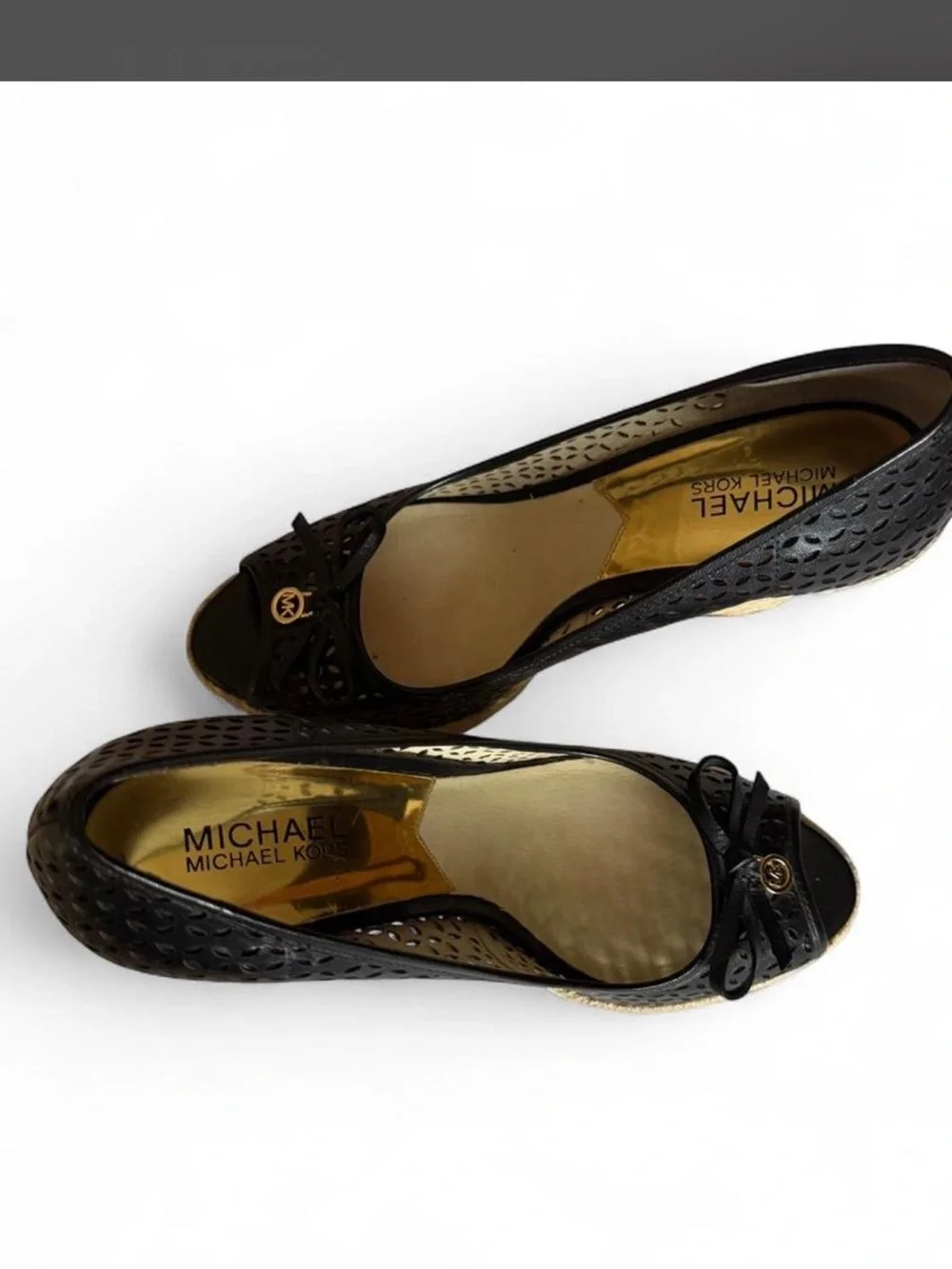 MICHAEL Michael Kors Black Perforated Peep-Toe Wedges with Gold Emblem